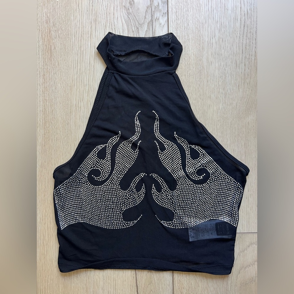 Mesh Black  Embellished Halter Top